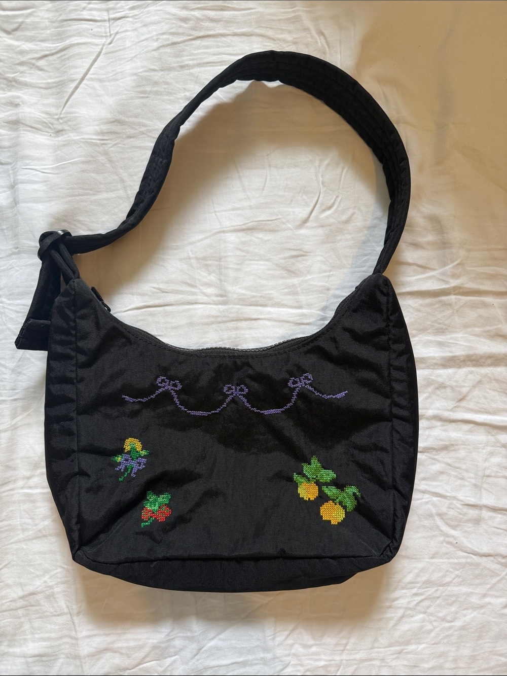 Baggu Black Embroidered Crossbody Bag with Fruit Motif